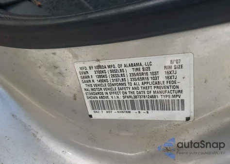 2007 Honda Odyssey Ex-L z USA, uszkodzony, nr VIN 5FNRL38737B124681